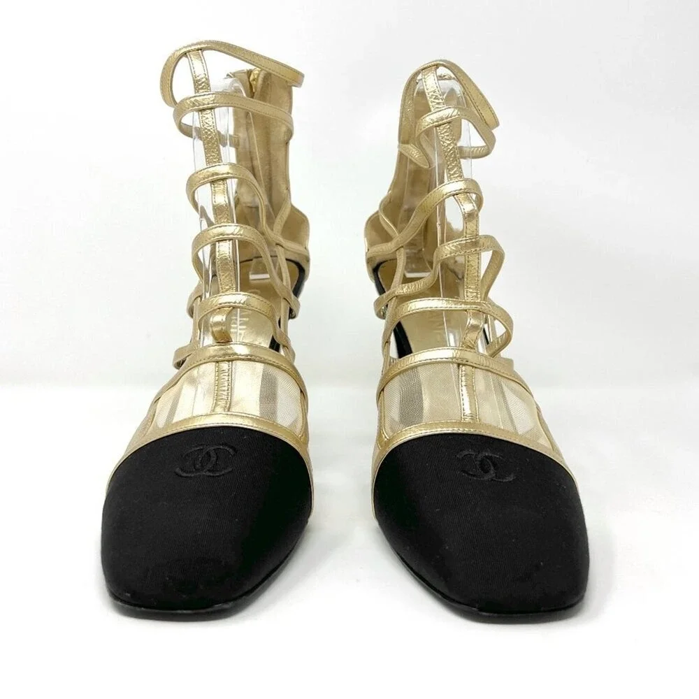 Chanel Black Gold Strappy‎ Heels CC Cap Toe Sandals Pumps Size 42